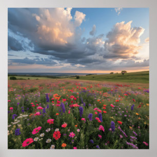 Vibrant Wildflower Field Sunset  Poster