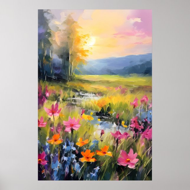 Vibrant Wildflower Meadow at Sunset Poster (Front)