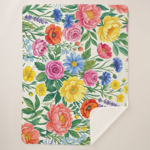 Vibrant Wildflower Meadow Botanical Garden Print Sherpa Blanket