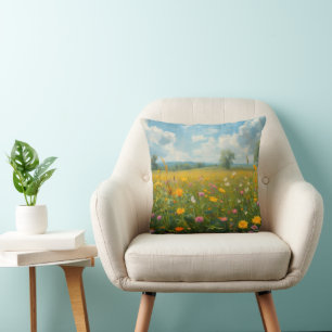 Vibrant Wildflower Meadow Oil Painting Style Flora Cushion