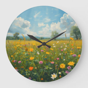 Vibrant Wildflower Meadow Oil Painting Style Flora Large Clock