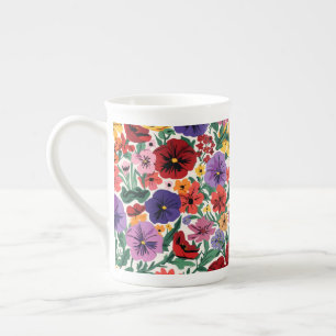 Vibrant Wildflower Pansy Botanical Pattern Bone China Mug