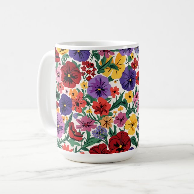 Vibrant Wildflower Pansy Botanical Pattern Coffee Mug (Front Left)