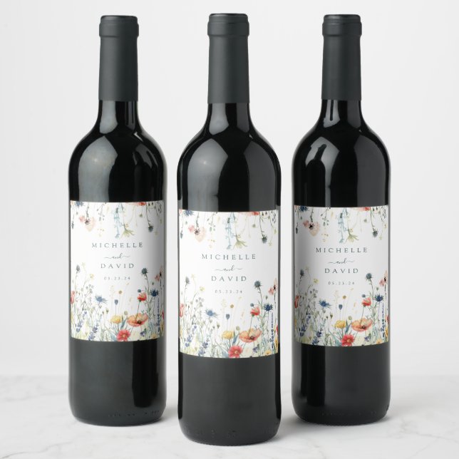Vibrant Wildflower Wedding Wine Label (Bottles)
