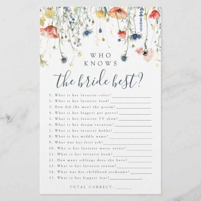 Vibrant Wildflower Who Knows the Bride Best Game (Front)