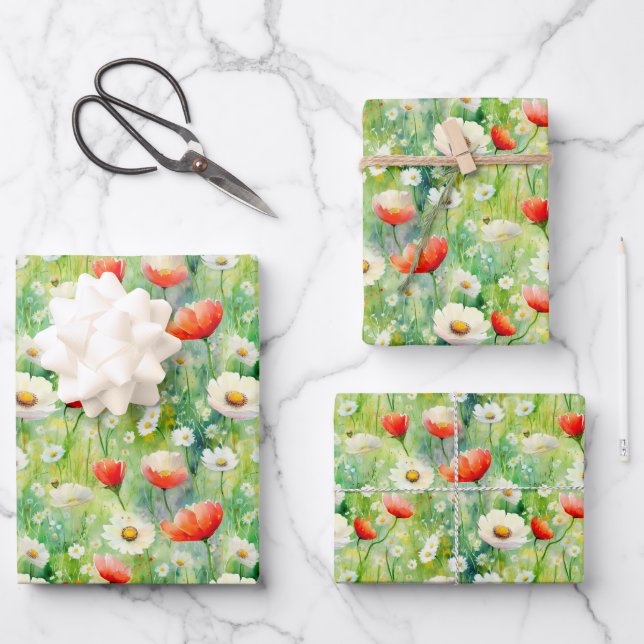 Vibrant Wildflowers Elegant Watercolor Wrapping Paper Sheet (Front)