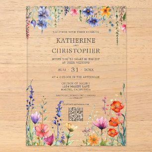Vibrant Wildflowers Elegant Wedding QR Code Clear Acrylic Invitations