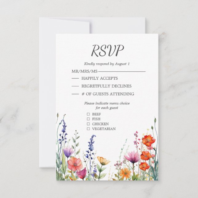 Vibrant Wildflowers Elegant Wedding RSVP Card (Front)