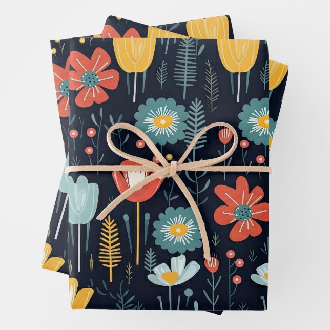 Vibrant Wildflowers on Navy Blue Wrapping Paper Sheet (In situ)