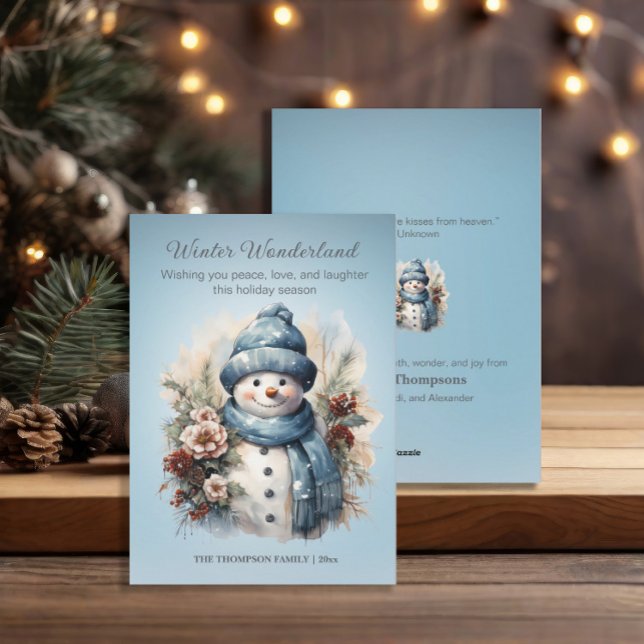 Vibrant Winter Wonderland Snowman Icy Blue  Holiday Card (Winter Wonderland icy blue snowman Christmas greeting card)