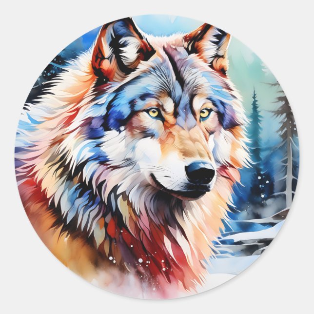 Vibrant Wolf in Snow Classic Round Sticker (Front)