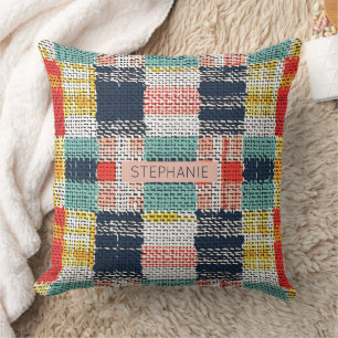 Vibrant Woven Plaid - Retro Boho Chequered Pattern Cushion