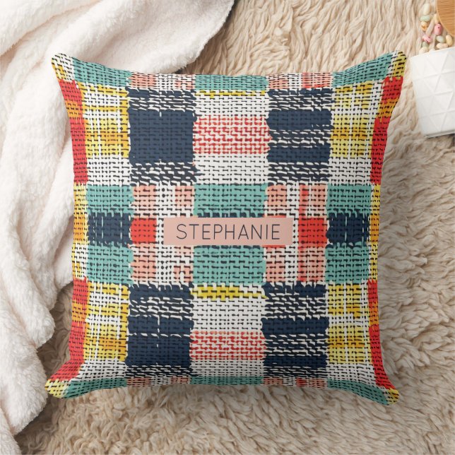 Vibrant Woven Plaid - Retro Boho Chequered Pattern Cushion (Blanket)