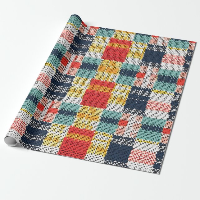 Vibrant Woven Plaid - Retro Boho Chequered Pattern Wrapping Paper (Unrolled)