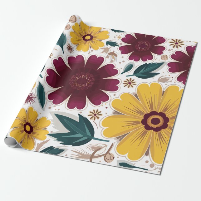 Vibrant Yellow and Burgundy Floral Wrapping Paper (Unrolled)