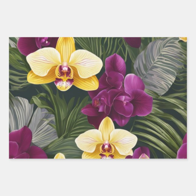 Vibrant yellow and deep purple orchids wrapping paper sheet (Front)