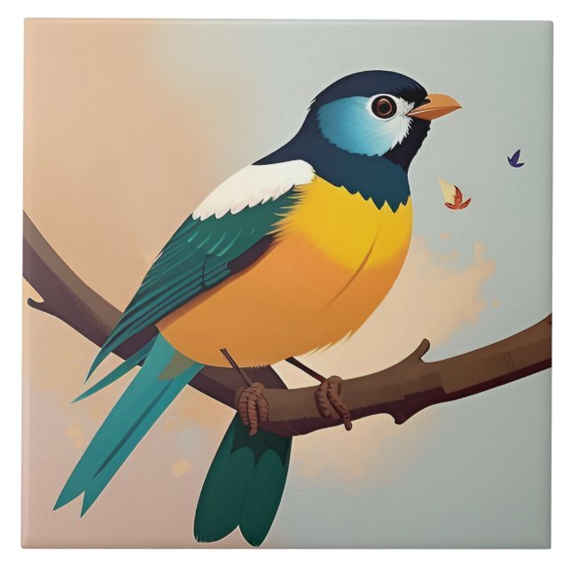 Vibrant Yellow and Green Bird Perched on a Branch Ceramic Tile (Front)