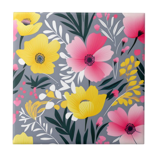 Vibrant Yellow And Pink Flowers On Grey Ceramic Tile (Front)