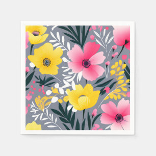 Vibrant Yellow And Pink Flowers On Grey Napkin