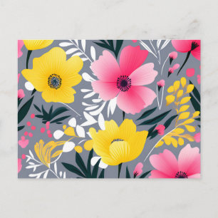 Vibrant Yellow And Pink Flowers On Grey Postcard