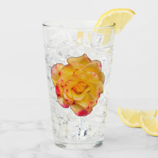 Vibrant Yellow and Pink Rose Drinking Glass