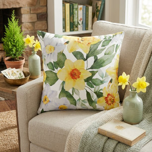 Vibrant Yellow and White Daffodil Floral Cushion