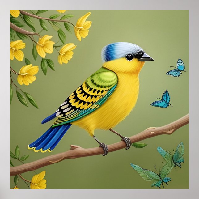 Vibrant Yellow Bird on Branch Poster (Front)