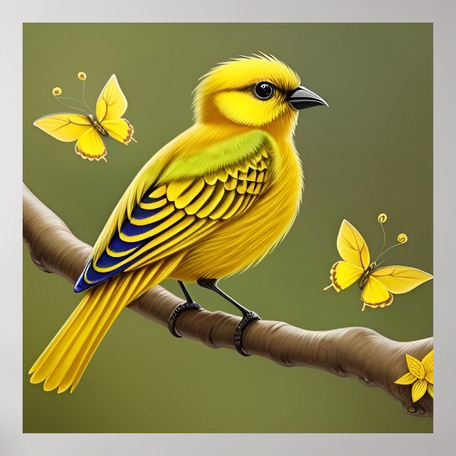 Vibrant Yellow Bird on Branch Poster (Front)