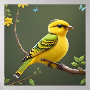 Vibrant Yellow Bird on Branch Poster