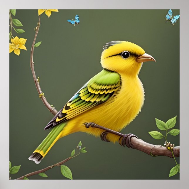 Vibrant Yellow Bird on Branch Poster (Front)