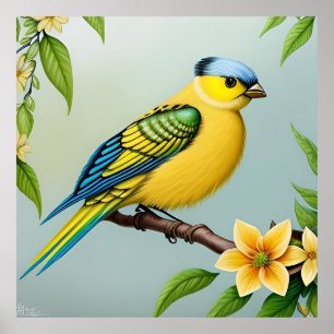 Vibrant Yellow Bird on Branch Poster