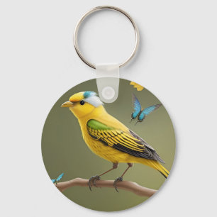 Vibrant Yellow Bird Perched Amid Butterflies Key Ring