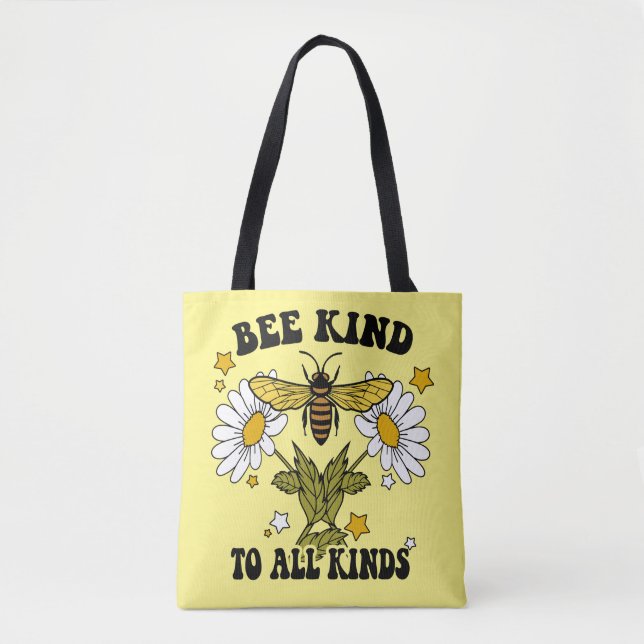 Vibrant Yellow Bumble Bee Tote Bag Floral Accents (Front)