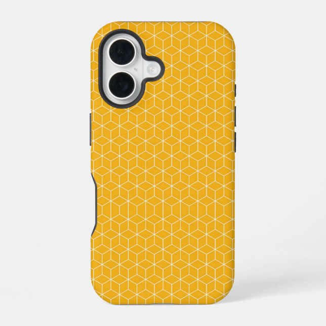 Vibrant Yellow Hexagonal Cube Pattern Design iPhone 16 Case (Back)