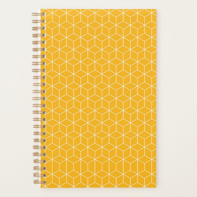 Vibrant Yellow Hexagonal Cube Pattern Design Planner (Front)