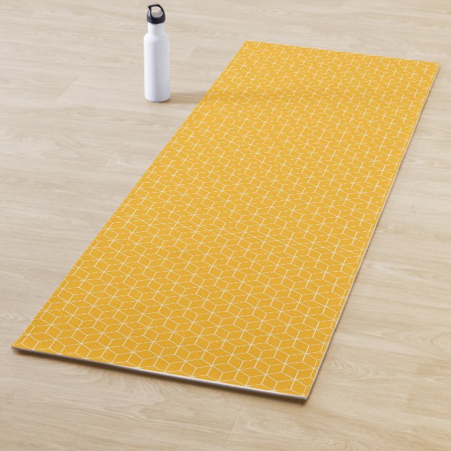 Vibrant Yellow Hexagonal Cube Pattern Design Yoga Mat (In Situ)