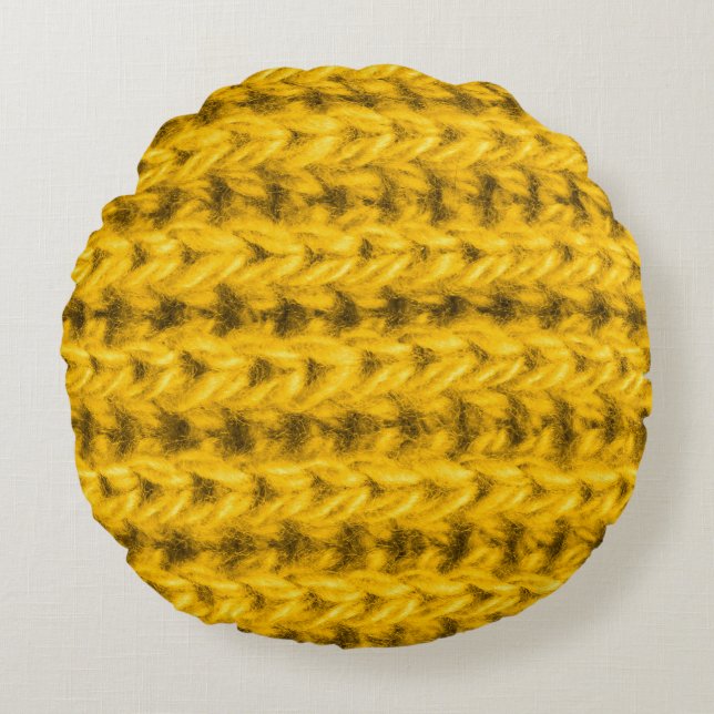 Vibrant Yellow Knitted Wool Texture Round Cushion (Front)