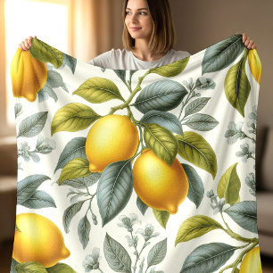 Vibrant Yellow Lemon and Blue Watercolor Botanical Fleece Blanket