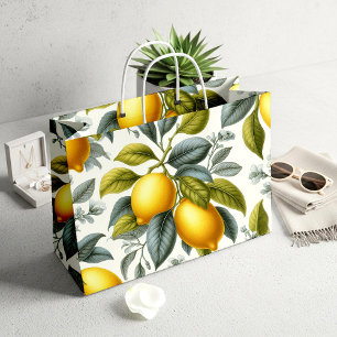 Vibrant Yellow Lemon and Blue Watercolor Botanical Large Gift Bag