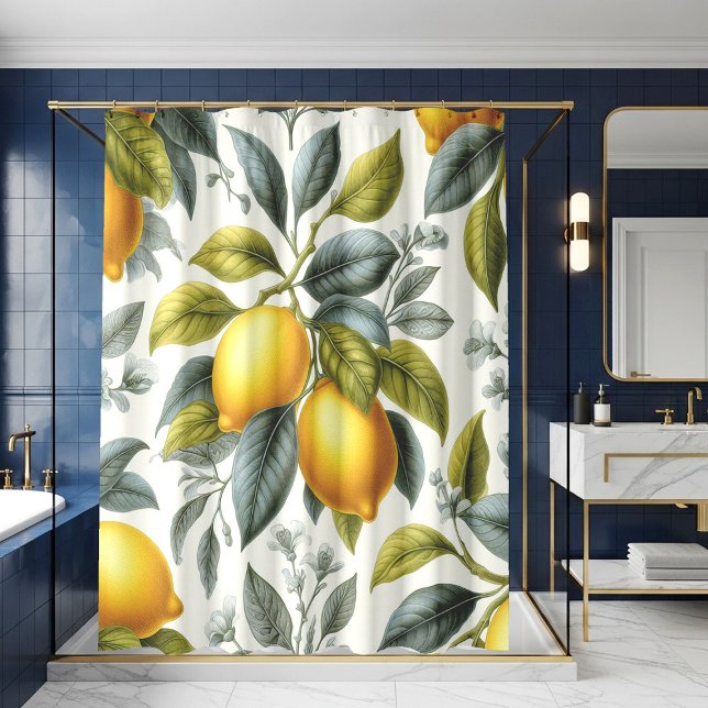 Vibrant Yellow Lemon and Blue Watercolor Botanical Shower Curtain (Creator Uploaded)
