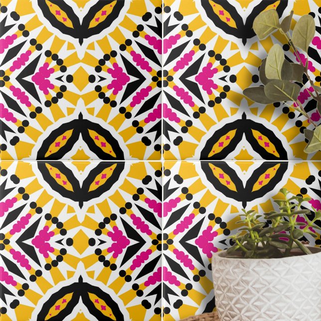 Vibrant Yellow Pink Symmetrical Geometric Ceramic Tile (Creator Uploaded)