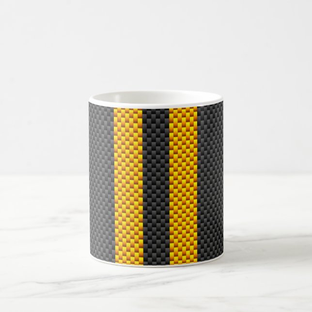 Vibrant Yellow Racing Stripes Carbon Fibre Style Coffee Mug (Center)