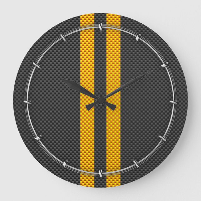 Vibrant Yellow Racing Stripes Carbon Fibre Style Large Clock (Front)