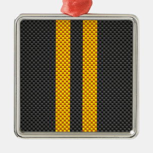 Vibrant Yellow Racing Stripes Carbon Fibre Style Metal Ornament