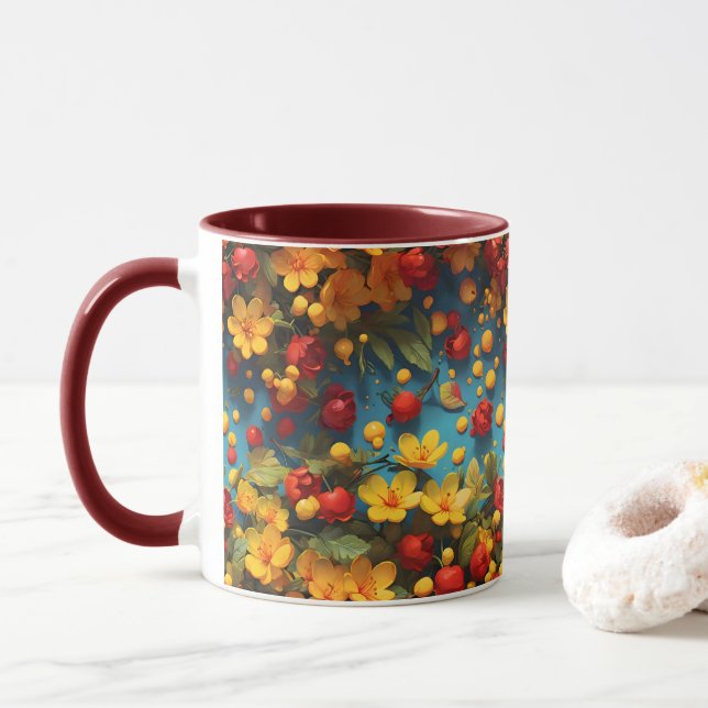 Vibrant Yellow & Red Floral Pattern Design Mug (With Donut)