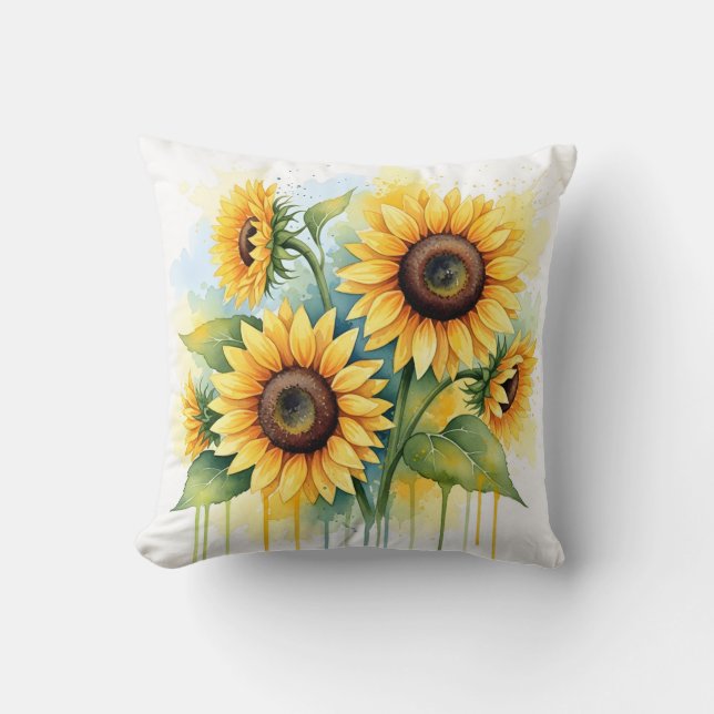 Vibrant Yellow Sunflower Watercolor Drip Cushion (Front)