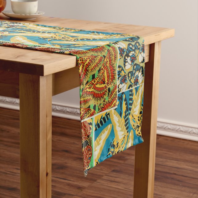 Vibrant Yellow & Teal Art Deco Butterfly Art Long Table Runner (In Situ)