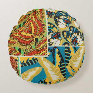 Vibrant Yellow & Teal Art Deco Butterfly Art Round Cushion