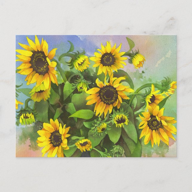 Vibrant Yellow, Watercolor Sunflowers Postcard (Front)