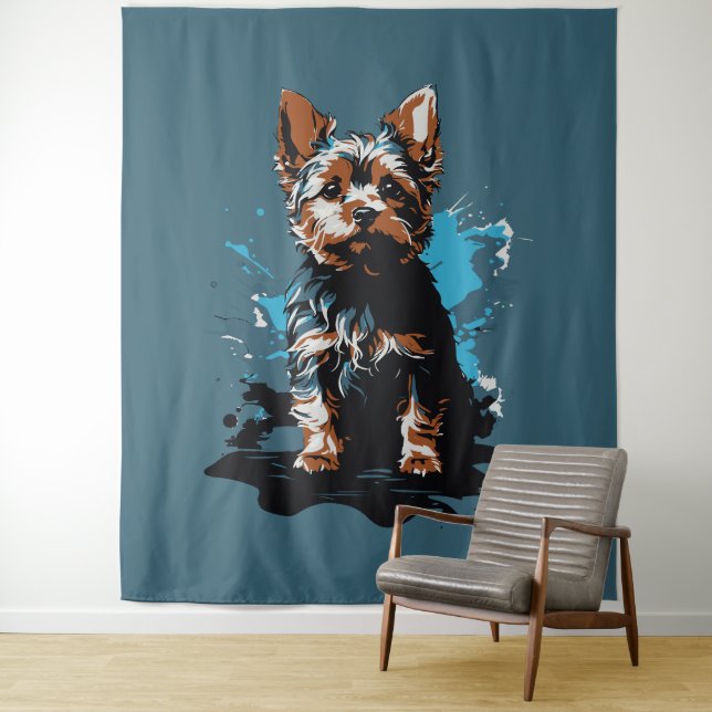 Vibrant Yorkshire Terrier Splash Art  Tapestry (In Situ)